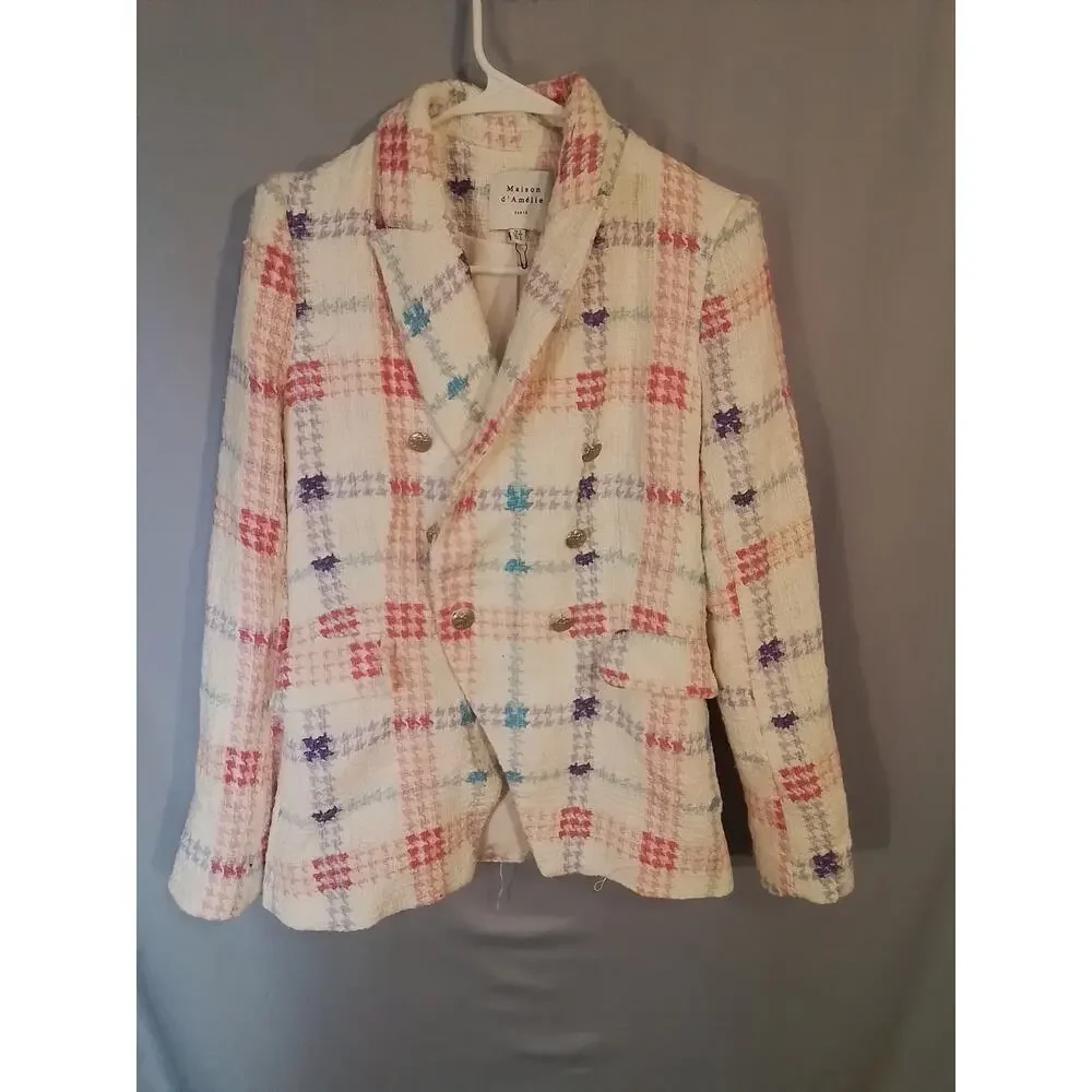 Maison d'Amelie white tweed jacket, plaid